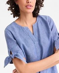 Charter Club Women's 100% Linen Split-Neck Tie-Cuff Top, Created for Macy's