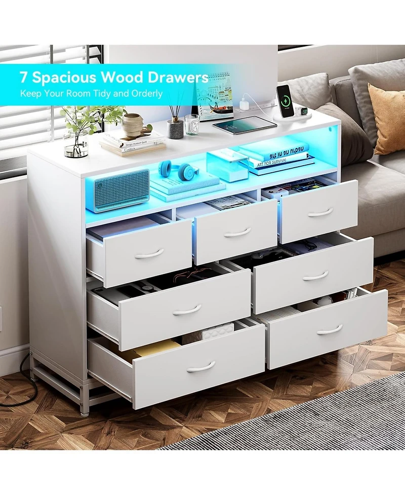 Gaomon 7-Drawer Dresser for Bedroom, Long Wooden Chest with Led Light, Wide Storage Cabinet Living Room, Hallway or Closet