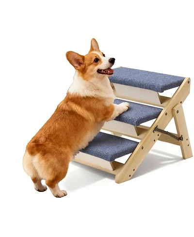 Cozito 3-Step Wooden Pet Stairs for Bed, Sofa, or Car, Foldable Flat Design, 150 lb Capacity