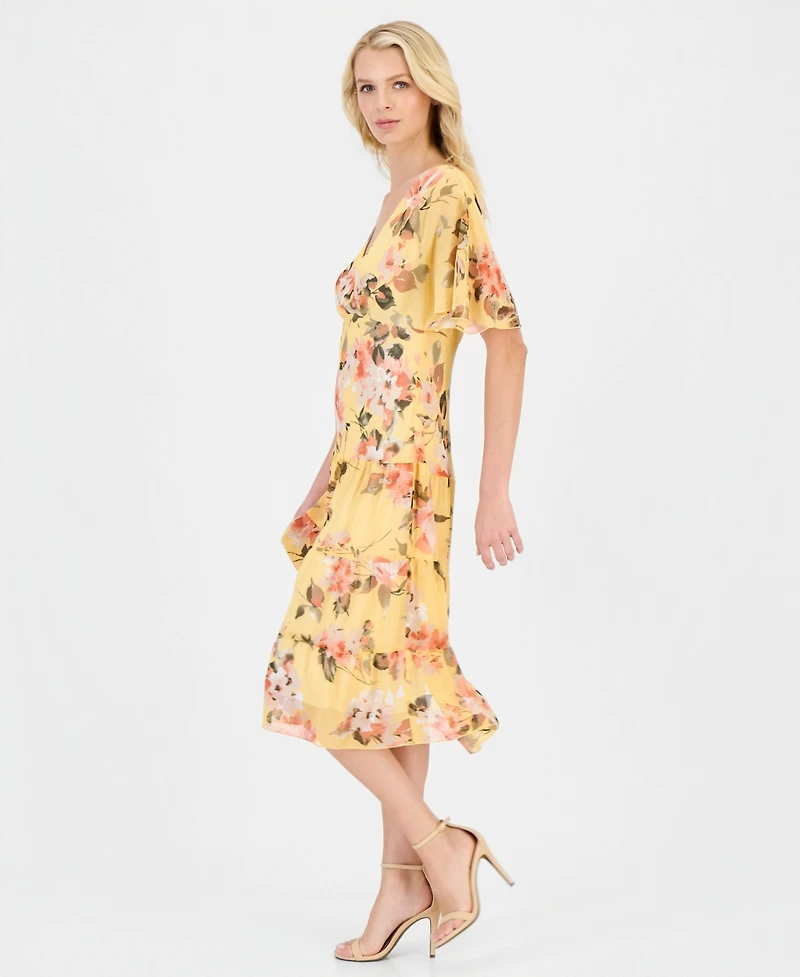 Connected Petite Floral Chiffon Butterfly-Sleeve Dress