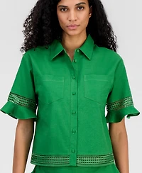 T Tahari Women's Open-Trim Ruffled-Cuff Blouse