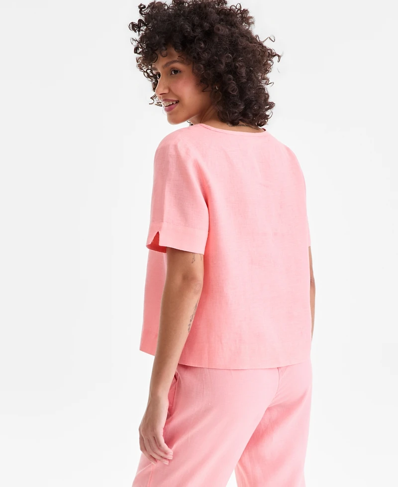 Charter Club Women's Split-Neck 100% Linen Top, Exclusively at Macy's