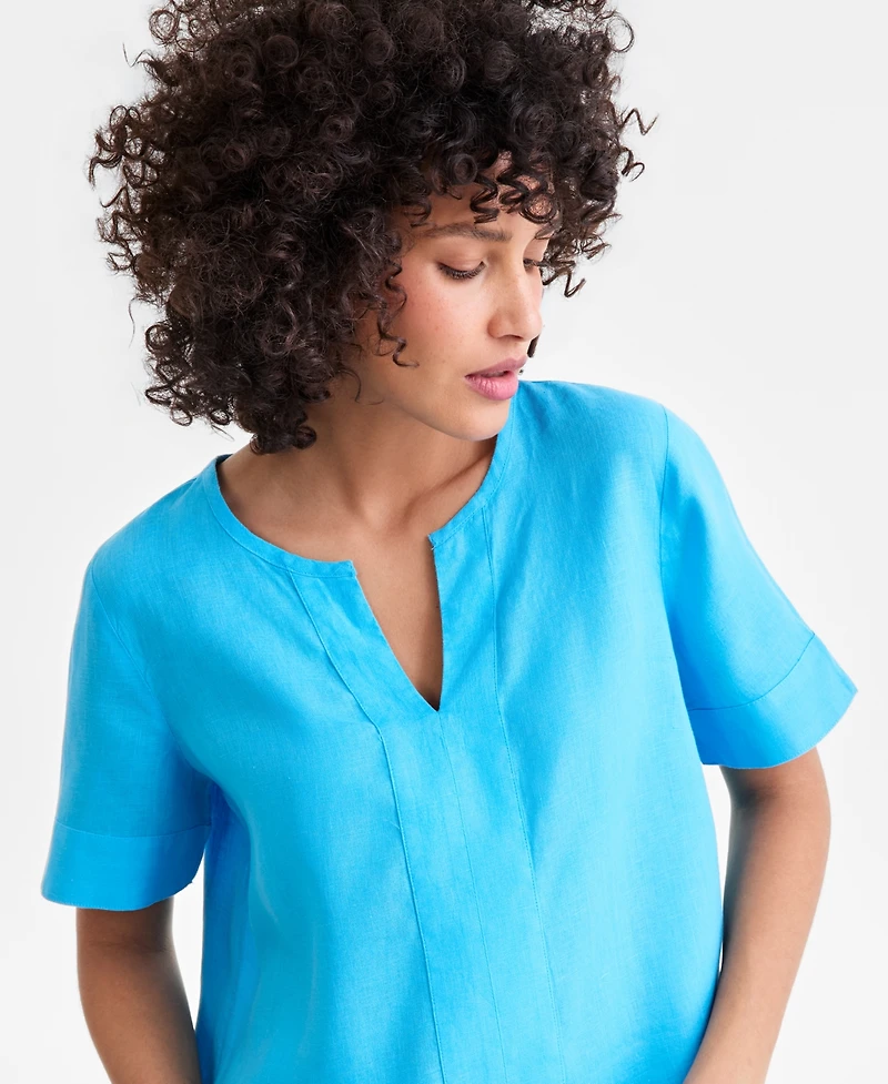 Charter Club Women's 100% Linen Split-Neck Top, Exclusively at Macy's