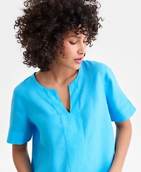 Charter Club Women's 100% Linen Split-Neck Top, Exclusively at Macy's