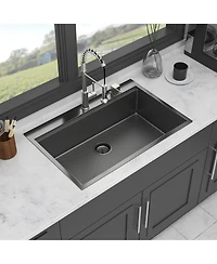 flynama 33x22x9inch Gunmetal Black Kitchen Sink Drop In Workstation Stainless Steel 16 Gauge