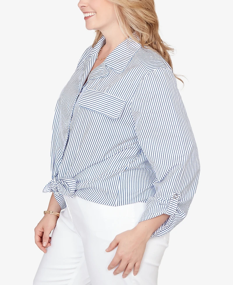 Ruby Rd. Plus Snap Front Tie Hem Pucker Stripe Top