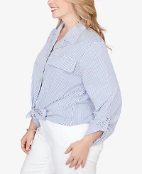 Ruby Rd. Plus Snap Front Tie Hem Pucker Stripe Top