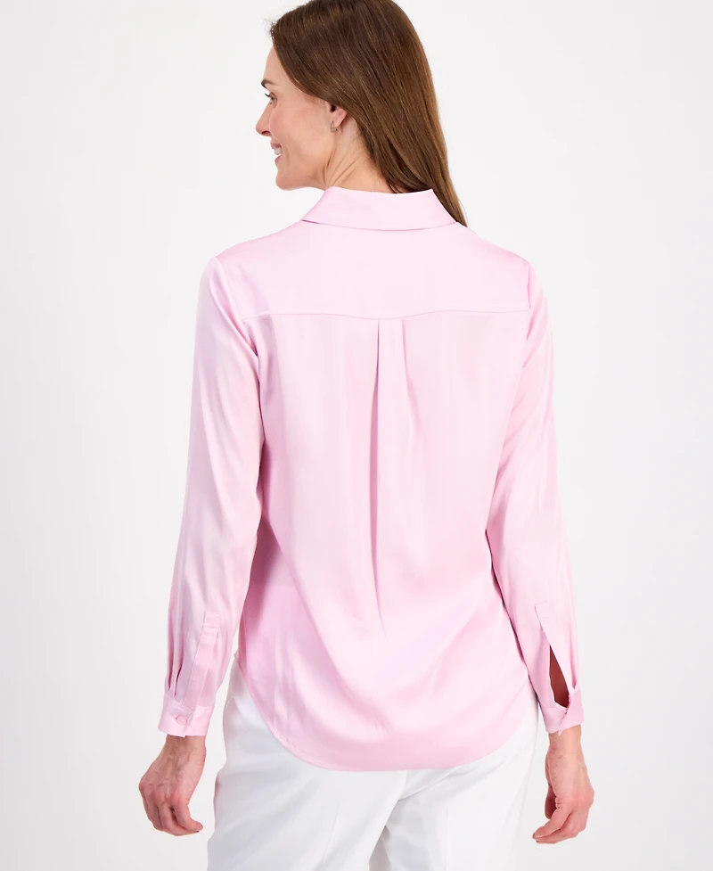 Kasper Women's Button-Front Long-Sleeve Collared Neck Blouse