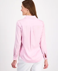 Kasper Women's Button-Front Long-Sleeve Collared Neck Blouse