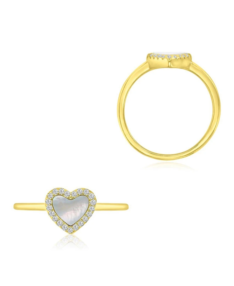 Macy's Cubic Zirconia (0.189 ct. t.w.) & Imitation Pearl Heart Ring in 14k Yellow Gold Over Sterling Silver