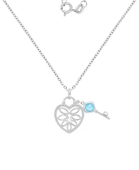 Macy's Swiss Blue Topaz (0.6 ct. t.w.) and White Sapphire (0.105 ct. t.w.) Heart and Key Pendant Necklace in Rhodium Over Sterling Silver