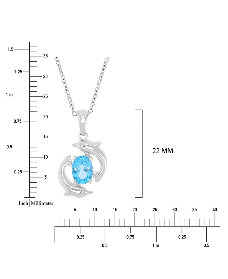 Macy's Diamond (0.006 ct. t.w.) and Swiss Blue Topaz (1 ct. t.w.) Duo Dolphins Necklace in Rhodium Over Sterling Silver