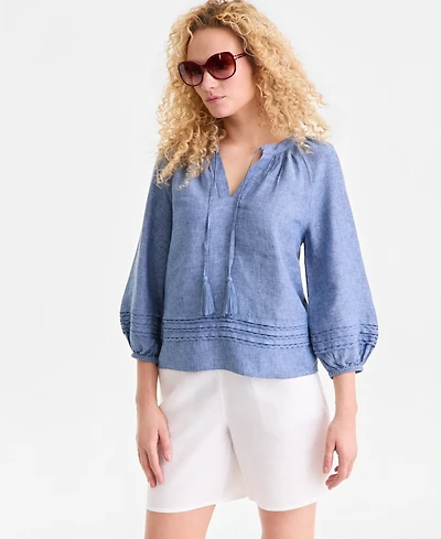 Charter Club Women's 100% Linen Crochet-Trim Tie-Neck Top, Macy's Exclusive