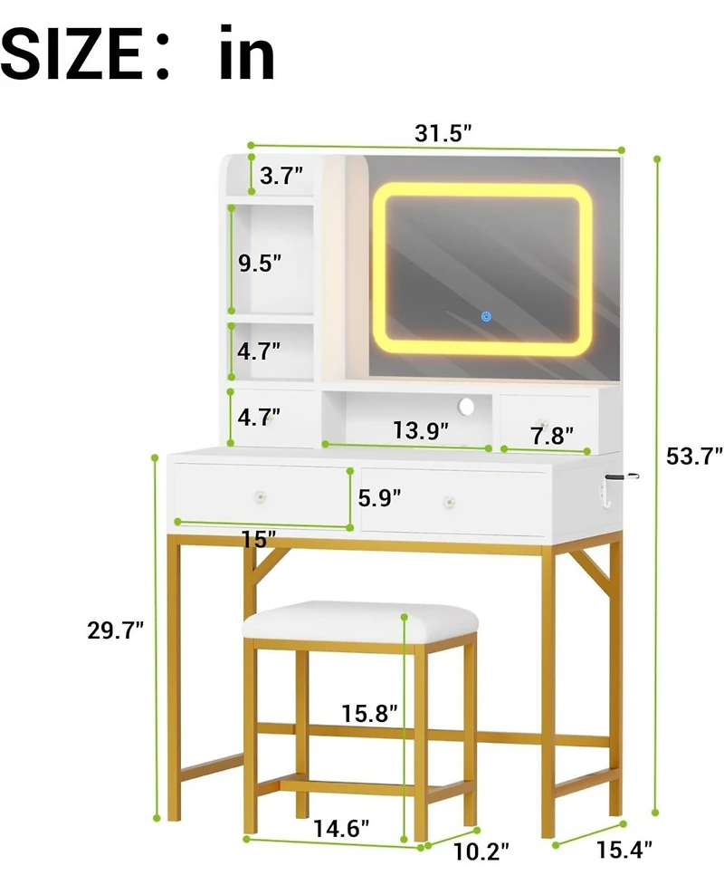 Gaomon White 4-Drawer Lighted Mirror Vanity, Practical Makeup Table for Bedroom Storage