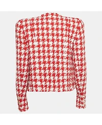 Pre-Owned Balmain Women's Red /white Houndstooth Tweed Open Front Jacket