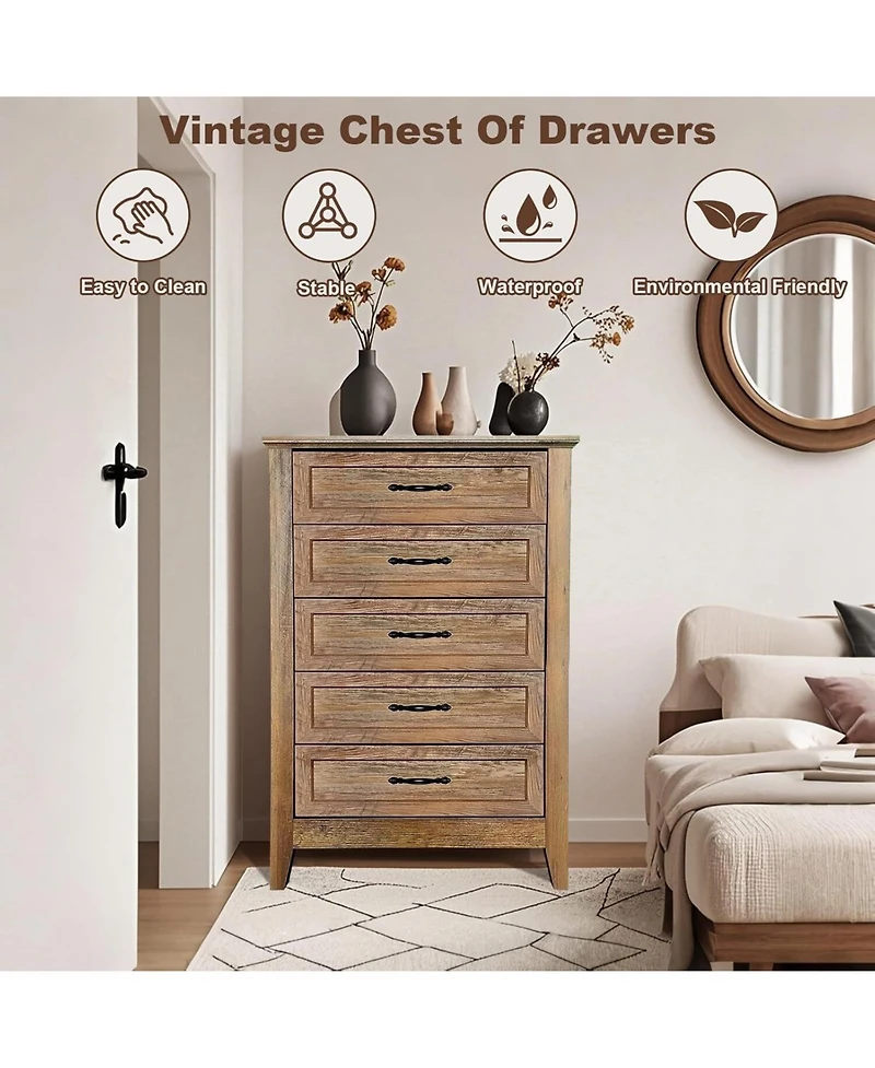 gaomon 5-Drawer Wood Metal Handles Tall Chest of Drawers