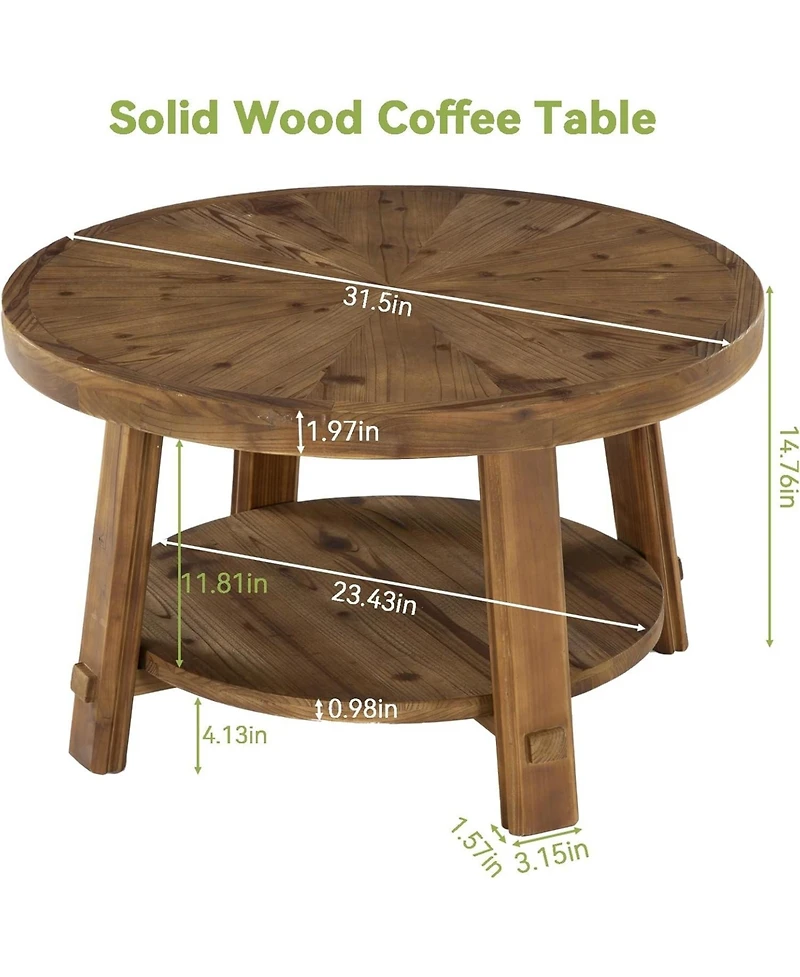 Tribesigns Solid Wood Coffee Table with Storage, 2-Tier Farmhouse Round Coffee Table for Living Room, Easy Assembly
