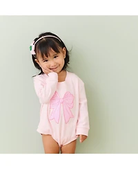 Sweet Wink Baby Girls Pink Bow Sequin Patch Long Sleeve Romper