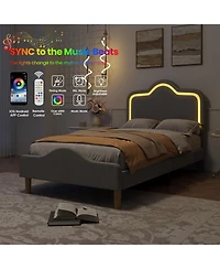gaomon Upholstered Led Bed Frame with Adjustable Headboard and Footboard, Velvet Princess Platform Bedframe for Kids/Girls