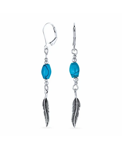 Bling Jewelry Southwestern Style Turquoise Bead & Feather Leaf Dangle Earrings Oxidized sterling Silver Lever back