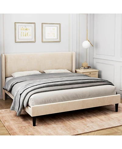 gaomon Assile Upholstered Bed Frame King with Wingback headboard, Platform Bed Frame with Headboard, Wood Slats Support, Noise Free