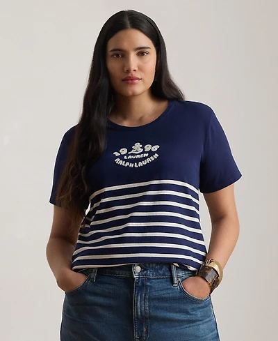 Lauren Ralph Plus Striped Embroidered Logo Jersey Crewneck T-Shirt