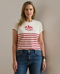 Lauren Ralph Plus Striped Embroidered Logo Jersey Crewneck T-Shirt