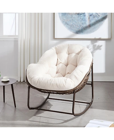 Flynama Outdoor Rattan Rocking Chair Padded Cushion Oversized Steel Frame Rocker Recliner for Front Porch Patio Garden Living Room