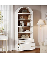Tribesigns 76.8" Tall Arched Bookcase, 5-Tier Bookshelf with File Cabinet Drawer, Modern Freestanding Wooden Bookshelves, Open Display Storage Sh