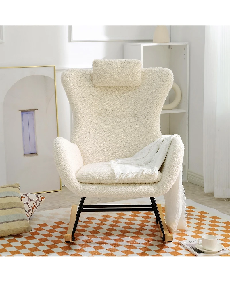 Flynama Teddy Upholstered Nursery Rocking Chair with High Backrest Adjustable Headrest Pocket Rubber Wood Legs for Bedroom Living Room Offices