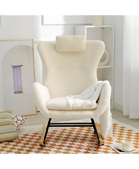Flynama Teddy Upholstered Nursery Rocking Chair with High Backrest Adjustable Headrest Pocket Rubber Wood Legs for Bedroom Living Room Offices
