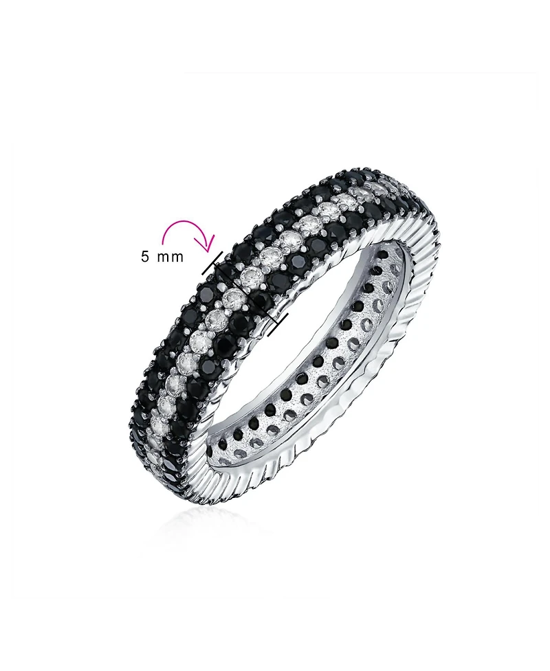Bling Jewelry Pave Cubic Zirconia 3 Row Stripe Cz Statement Black & White Eternity Band Ring .925 Sterling Silver
