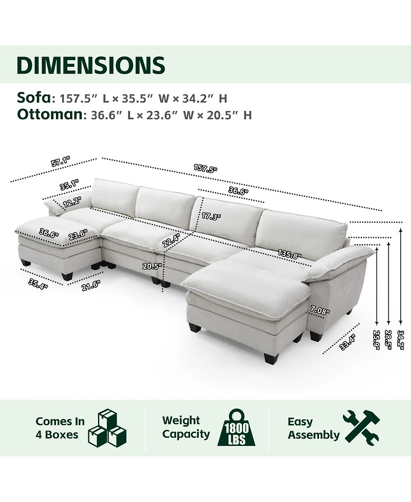 Streamdale Furniture Living Room Sofa Luxury Couch Four Seater with Two Ottomans Beige