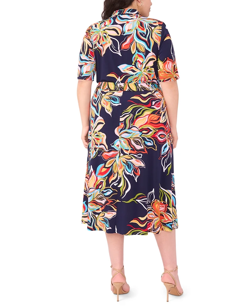 Msk Plus Printed Collared Neck Short-Sleeve Midi Dress