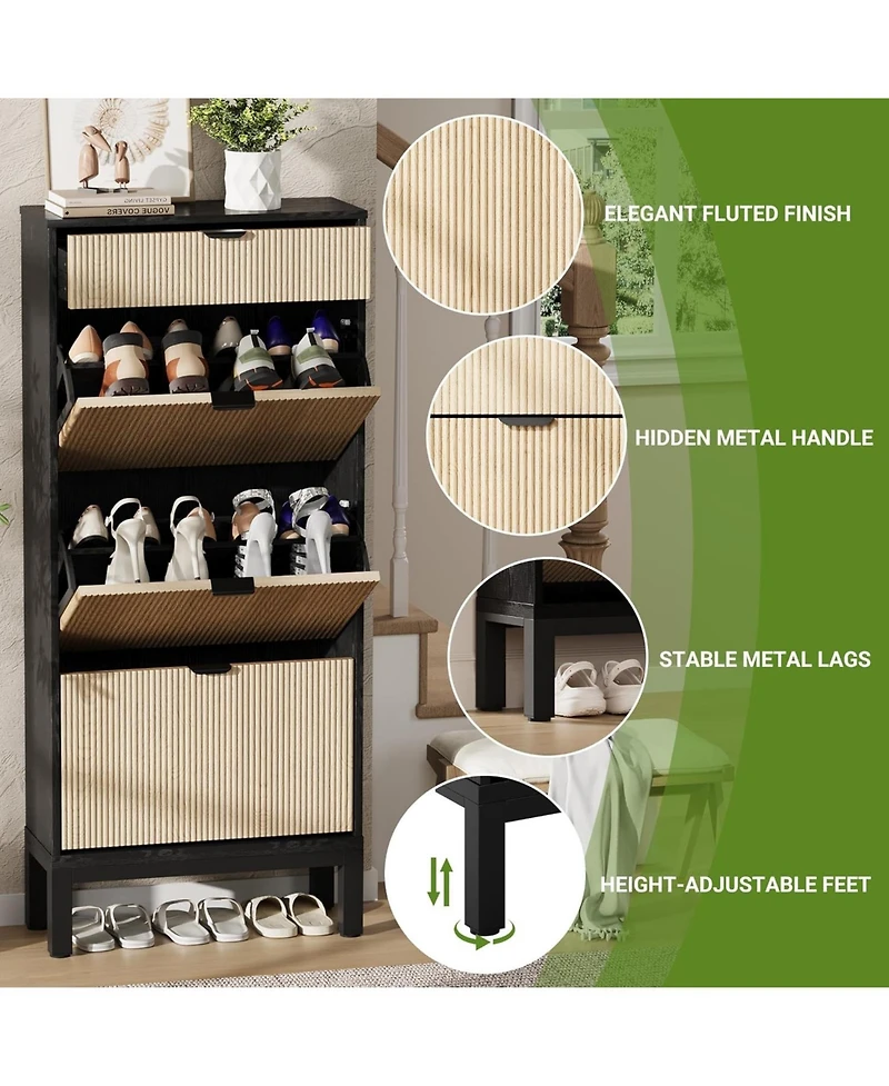 gaomon Shoe Storage Cabinet with 3 Flip Drawers, Farmhouse Fluted Organizer Metal Legs, Freestanding Narrow Rack for Entryway