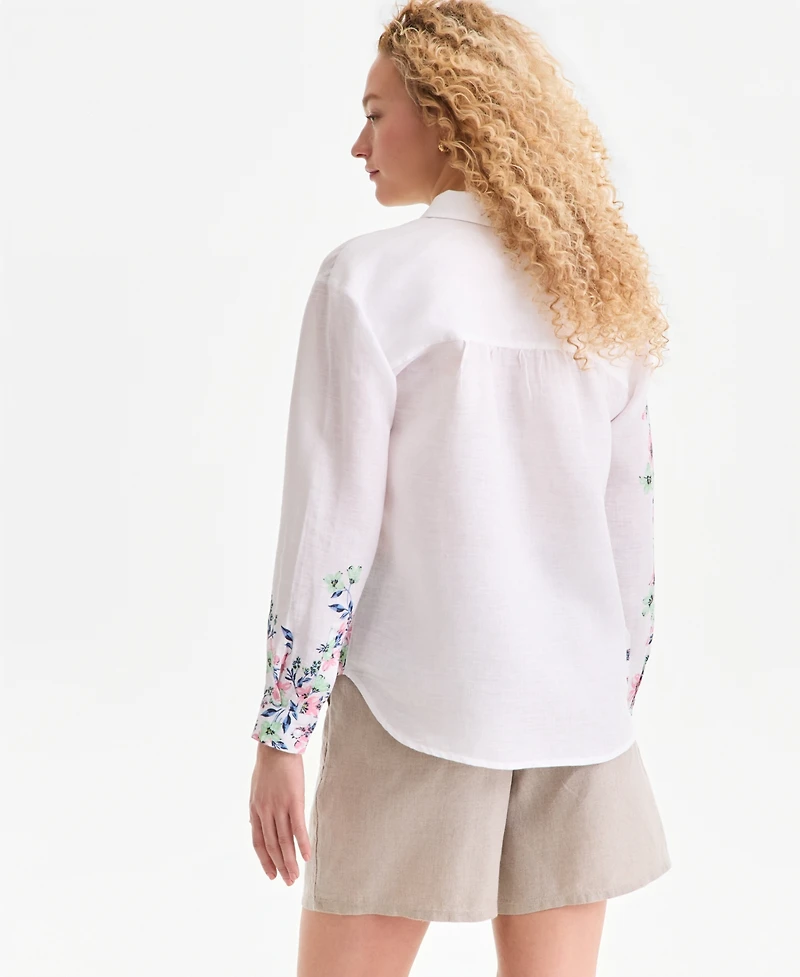 Charter Club Women's 100% Linen Floral Placement-Print Shirt, Macy's Exclusive