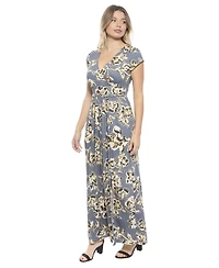 24seven Comfort Apparel Women's Floral V-Neck Cap Sleeve Side Slit Pocket Maxi Dress