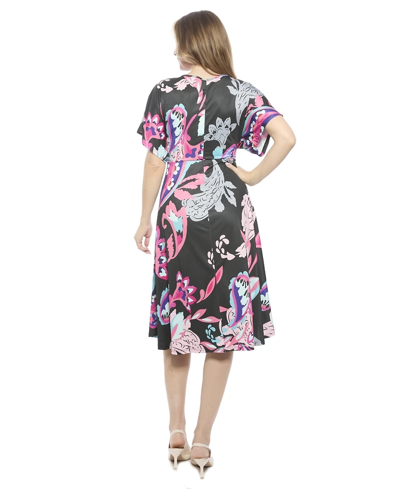 24seven Comfort Apparel Women's Paisley V-Neck Short Dolman Sleeve Twist Front A-Line Midi Dress