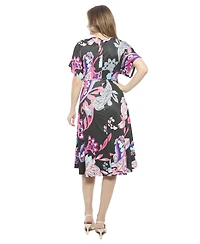 24seven Comfort Apparel Women's Paisley V-Neck Short Dolman Sleeve Twist Front A-Line Midi Dress