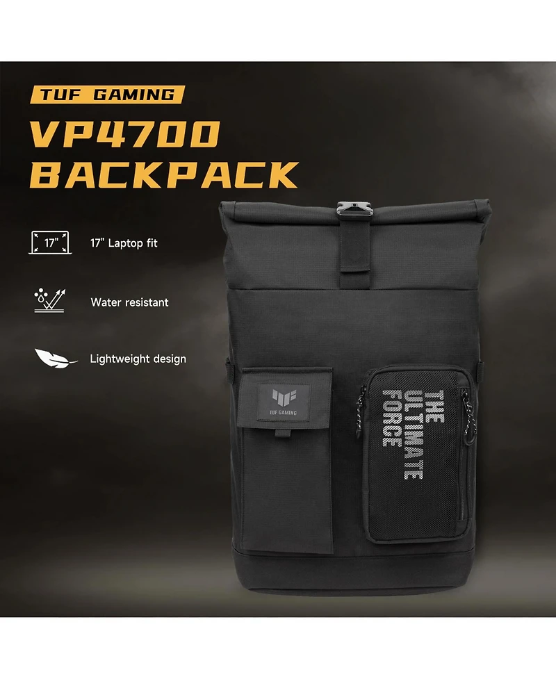 Asus Tuf Gaming VP4700 Backpack, up to 17" laptop, with top folded closure to resize, light weight and durable water repellent for daily usage
