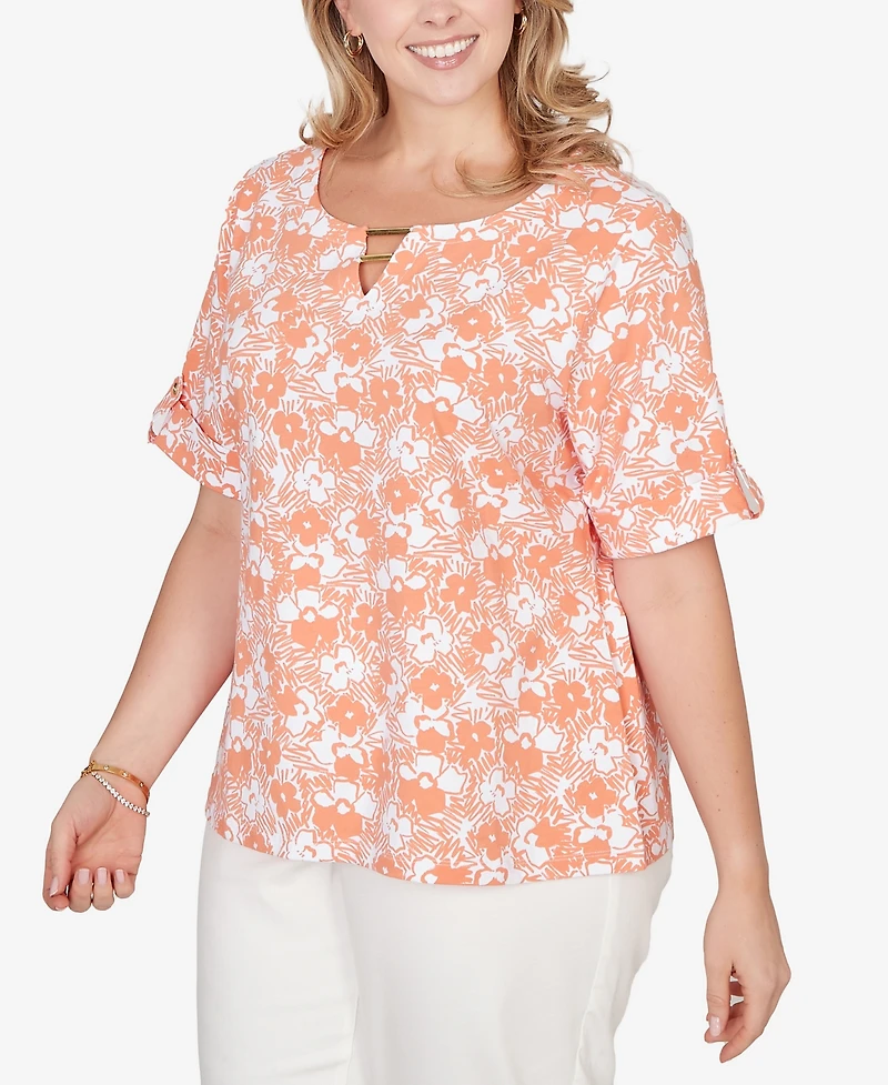 Hearts Of Palm Plus Printed Stretch Jersey Elbow Sleeve Top