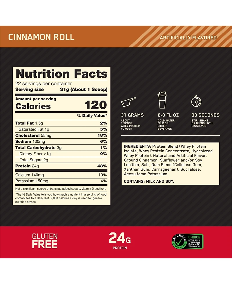 Optimum Nutrition Gold Standard 100% Whey Protein Cinnamon Roll Protein Powder Drink Mix 24 oz