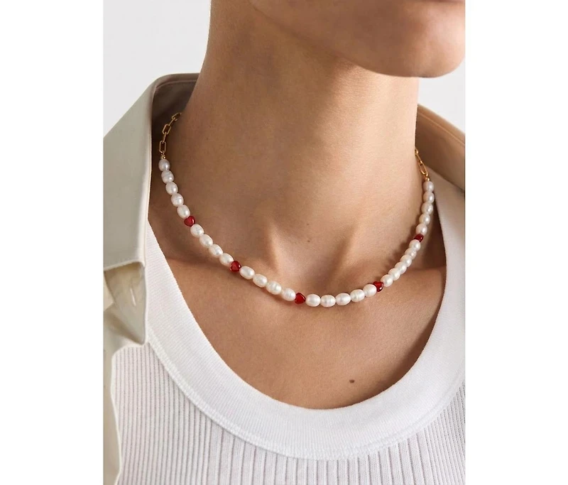 18K Gold Plated Freshwater Pearls with Charming Red Hearts - Akari Choker For Women