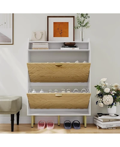 gaomon Wood Color Shoe Cabinet, Slim 2-Drawer Shoe Storage Organizer, Adjustable Hidden Entryway Rack, Freestanding Space Saving Shoe Shelf