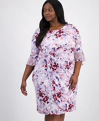 Connected Plus Floral-Print Flounce-Sleeve Dress