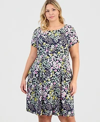 Connected Plus Printed Pintuck Short-Sleeve Dress