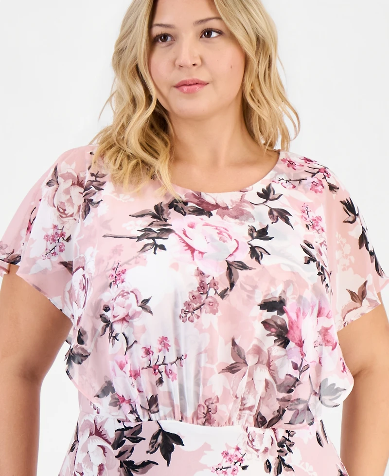 Connected Plus Floral-Print Overlay A-Line Dress