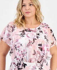 Connected Plus Floral-Print Overlay A-Line Dress
