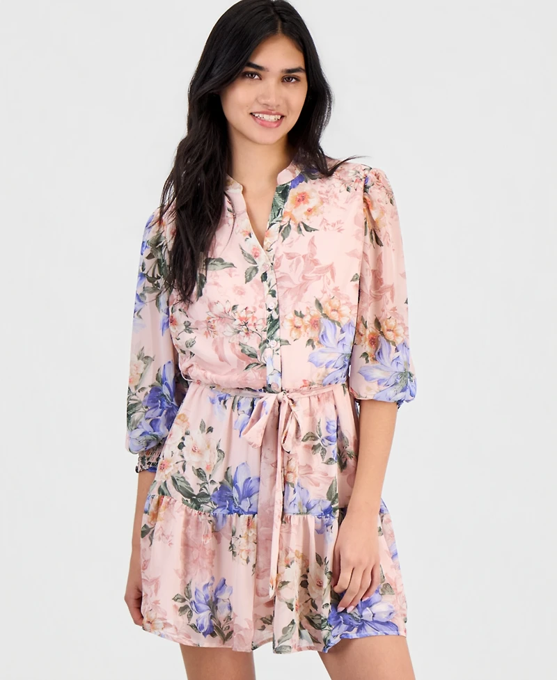Robbie Bee Petite Floral-Print Chiffon Belted Dress