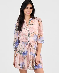 Robbie Bee Petite Floral-Print Chiffon Belted Dress